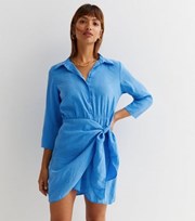 New Look Bright Blue 3/4 Sleeve Mini Wrap Shirt Dress
